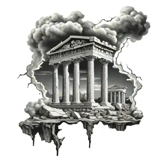 Roman temple ruins zeus lightning bolt tattoo design idea