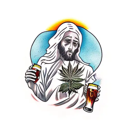 Jesus smoke weed on a skateboard with bottle of beer in hands tattoo design idea