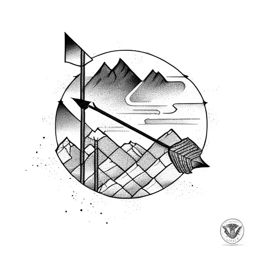 An arrow and oar crossed together, surrounded by a mountainous landscape tattoo design idea