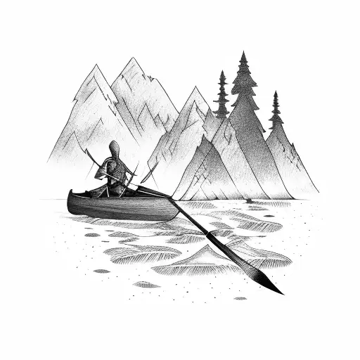 An arrow and oar crossed together, surrounded by a mountainous landscape tattoo design idea