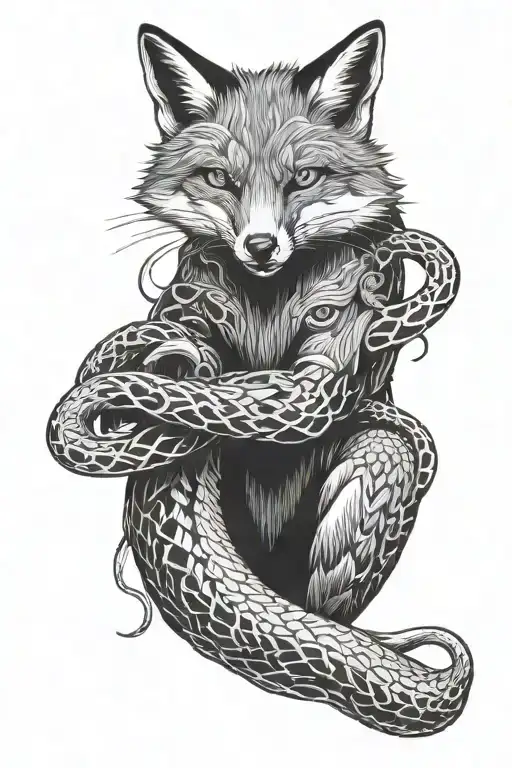 fox biting down on a dead snake coiled down around the arm tattoo design idea