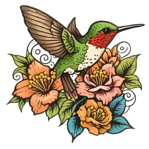 hummingbird with February and August birth flowers  tattoo design idea