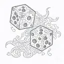 heaven and hell, two cubic dice. black-and-white sketch of a tattoo design. tattoo design idea