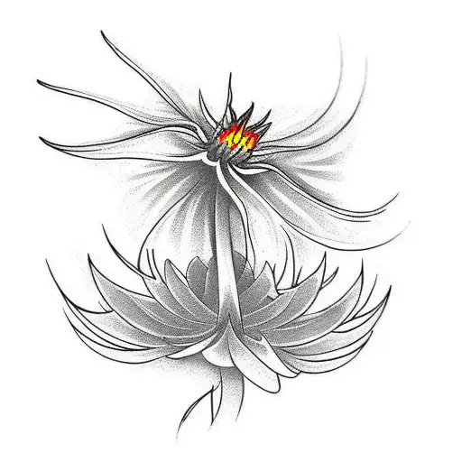 phoenix on red spider lily, black and white, line art, phoenix, red spider lily, tattoo design idea
