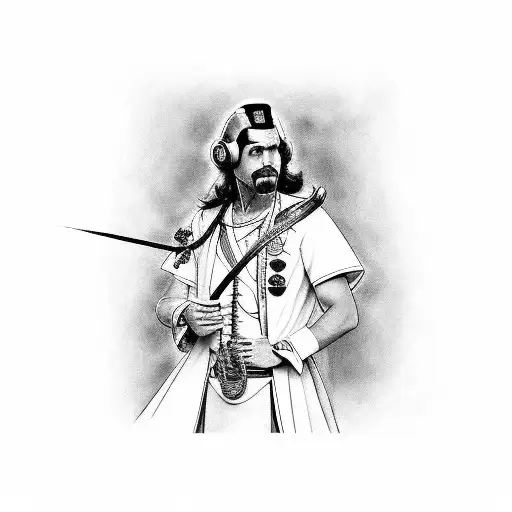 caballero con bata de medico apoyado en una espada en el piso como escaliburgentleman in a doctor's gown leaning on a sw tattoo design idea