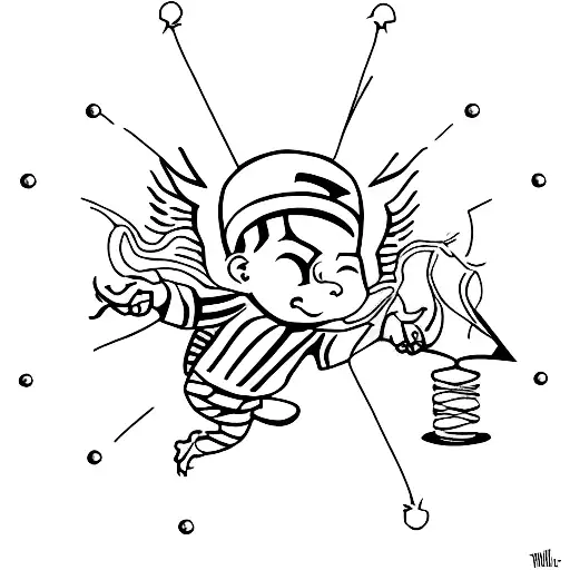 tatouage noir d’un enfant qui jette un diabolo rouge en l’aire  tattoo design idea