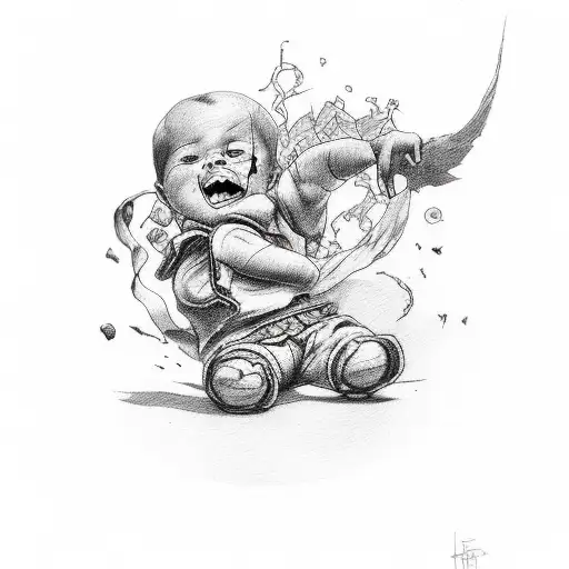 tatouage noir d’un enfant qui jette un diabolo rouge en l’aire  tattoo design idea