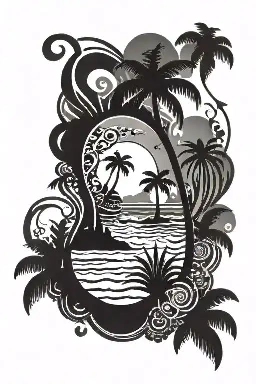 Anatomical kidney and beach scene with palm tree tattoo design idea