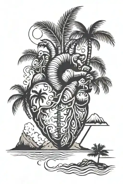 Anatomical heart and beach scene with palm tree tattoo design idea