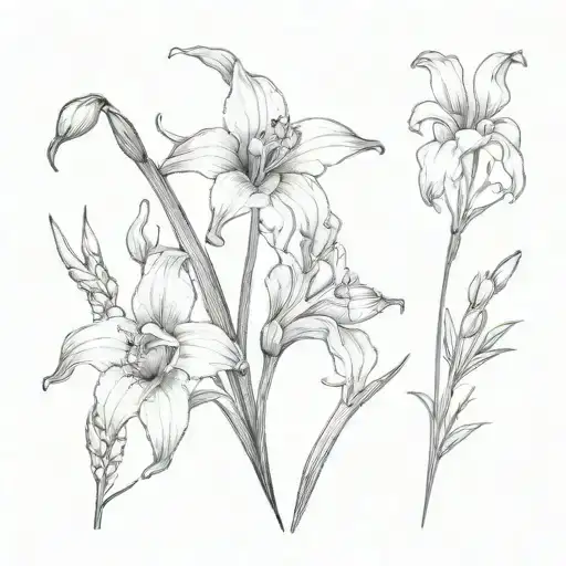 birth flowers intertwined gladiolus flower, snowdrop flower, narcissus flower  tattoo design idea