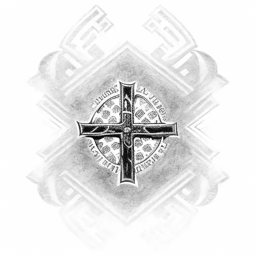 a cross with the flag of El Salvador on the back and on one side vertically the word saints with gaster font tattoo design idea