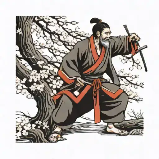japenese samarai standing by cherry blossom treess  tattoo design idea