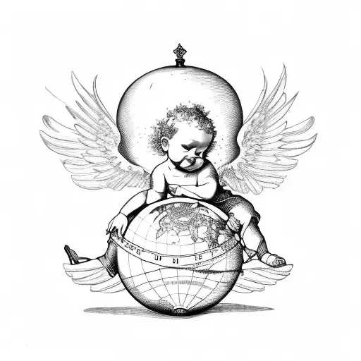 baroque cherub sitting on a globe tattoo design idea