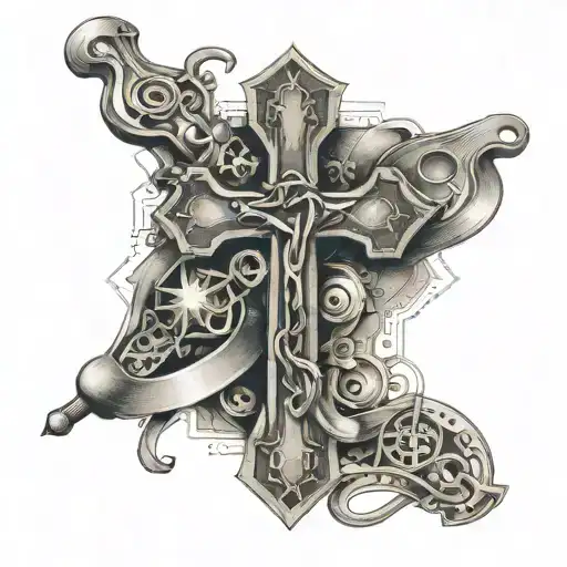 A cross with surgical tools and musical elements, reflecting the client's Christian faith and occupation as a doctor tattoo design idea