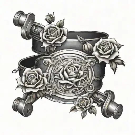 A new-school design of a weightlifting belt with roses and barbells intertwined in the pattern tattoo design idea