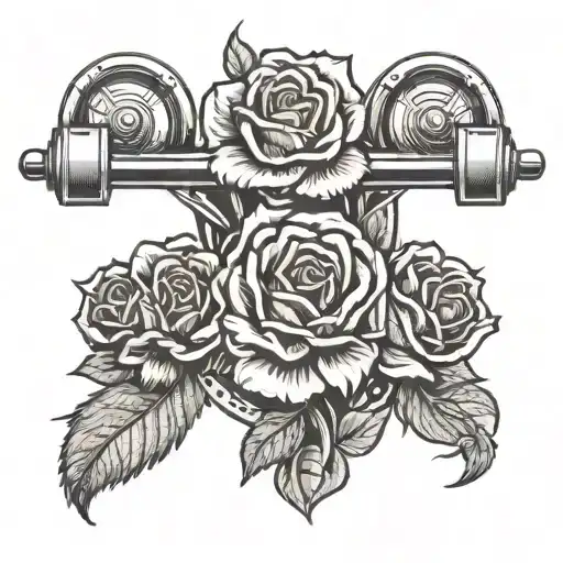 A new-school design of a weightlifting belt with roses and barbells intertwined in the pattern tattoo design idea