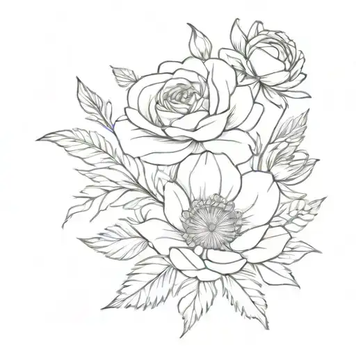 rose, aster, cosmos flower bouquet tattoo design idea