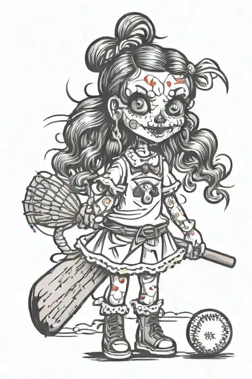 voodoo doll girl with pigtails x'd out eyes holding baseball bat tattoo design idea