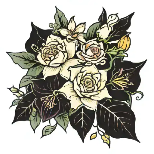 Holly, Narcissus, rose, and honeysuckle flowers tattoo design idea