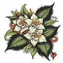 Holly, Narcissus, rose, and honeysuckle flowers tattoo design idea