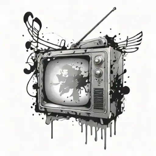 A TV with paint splatters and musical notes coming out of it, showcasing your love for watching TV and music tattoo design idea