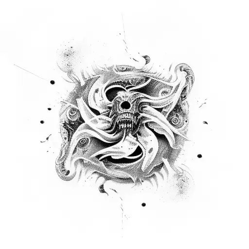 Combine horror and abstract art in a tattoo featuring a monstrous creature emerging from a swirling vortex of colors tattoo design idea