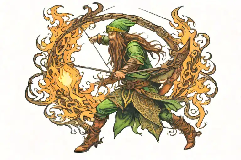 a long-haired elf archer with the bow on fire, rpg style tattoo design idea