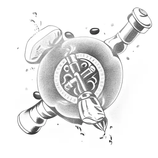 A blackwork tattoo of a handgun and a wine bottle intertwined with coffee beans and a dumbbell tattoo design idea