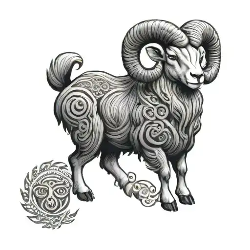A black-grey tattoo of a majestic ram with intricate Celtic knotwork, symbolizing determination and leadership, perfect for an Aries veterinarian. tattoo design idea