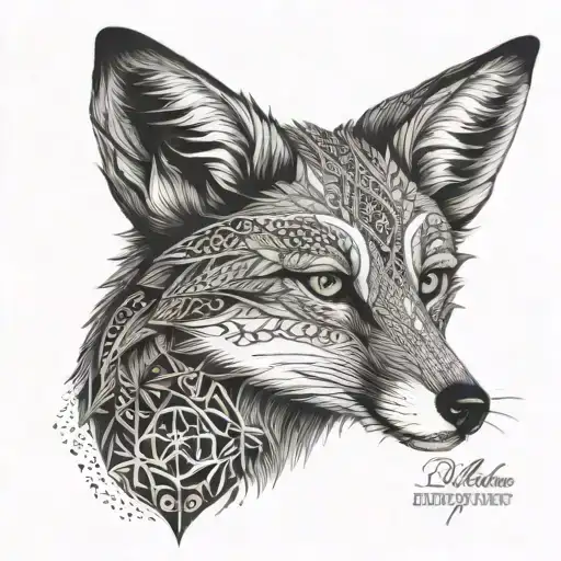 A dotwork tattoo of a mystical fox surrounded by intricate geometric patterns, representing your love for animals and passion for veterinary medicine. tattoo design idea