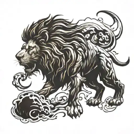 A detailed blackwork tattoo of a fierce lion roaring, symbolizing strength and courage, with a subtle nod to your zodiac sign, Aries. tattoo design idea