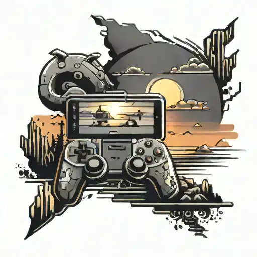 A creative tattoo combining a sunset with gaming elements like a pixelated sun and game characters enjoying the view tattoo design idea