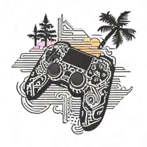 A pixelated gaming controller silhouette against a colorful sunset backdrop tattoo design idea