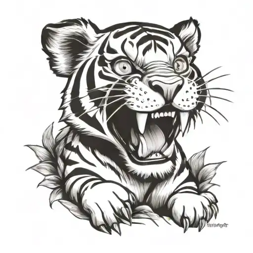 aggressive tigger whith blue eyes  and tulipan   tattoo design idea
