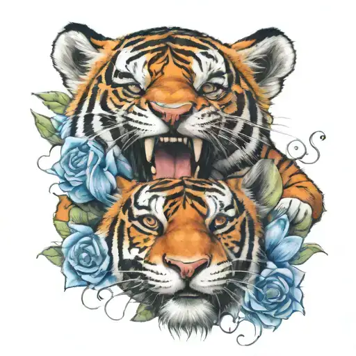 aggressive tigger whith blue and tulipan   tattoo design idea