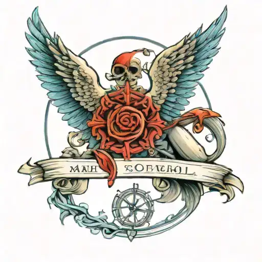 medium size for arm Split wings, with half halo, and horn ontop and libra scale in middle and 666 number under scale tattoo design idea