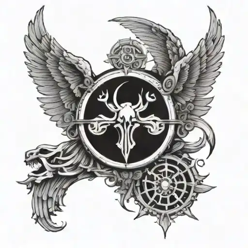 Split wings, with half halo, and horn ontop and libra scale in middle and 666 number under scale tattoo design idea