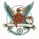 medium size for arm Split wings, with half halo, and horn ontop and libra scale in middle and 666 number under scale tattoo design idea