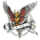 medium size for arm Split wings, with half halo, and horn ontop and libra scale in middle and 666 number under scale tattoo design idea