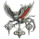 medium size for arm Split wings, with half halo, and horn ontop and libra scale in middle and 666 number under scale tattoo design idea