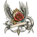 medium size for arm Split wings, with half halo, and horn ontop and libra scale in middle and 666 number under scale tattoo design idea