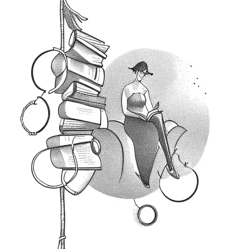 A teacher reading a book under a tree with boxing rings hanging from the branches tattoo design idea