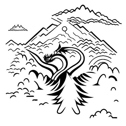 A silhouette of a hiker conquering a mountain peak with a dragon flying overhead tattoo design idea