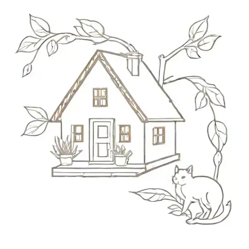 fine line kazoo with a sleek shape, adorned with a small folky house, a simple cat, a thin leaf/branch tattoo design idea