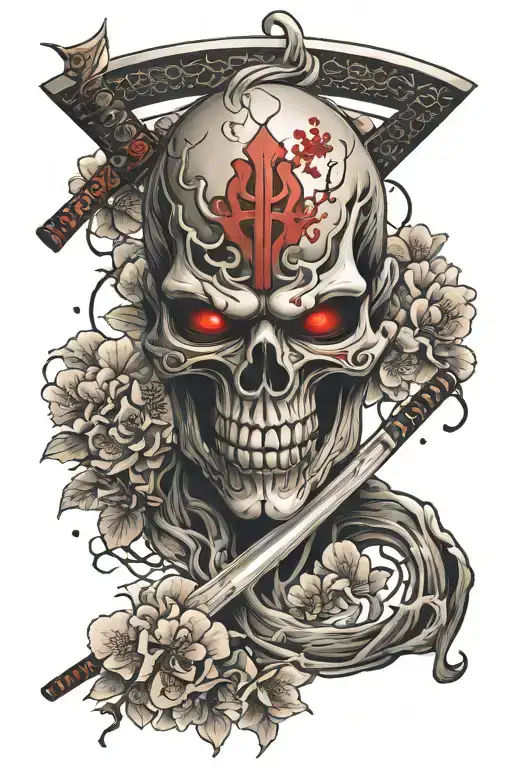 oni mask split in half skull in middle with katana behind and cherry blossoms falling around it tattoo design idea