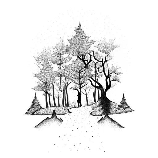 A mystical forest with a hidden bucking deer, blending seamlessly into the surroundings, in a dotwork style tattoo design idea