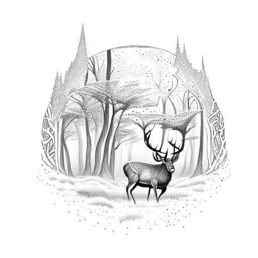 A mystical forest with a hidden bucking deer, blending seamlessly into the surroundings, in a dotwork style tattoo design idea