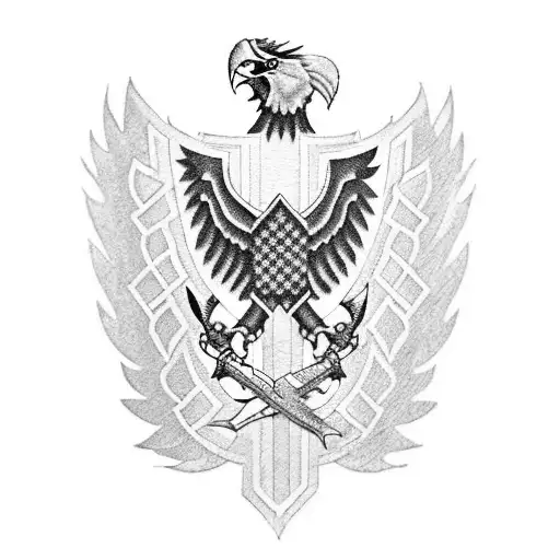 A military-inspired tattoo featuring a fierce eagle perched on a shield, symbolizing protection and family, in a blackwork style tattoo design idea