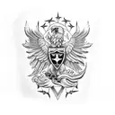 A military-inspired tattoo featuring a fierce eagle perched on a shield, symbolizing protection and family, in a blackwork style tattoo design idea