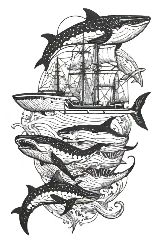 whale ocean shark ship tattoo design idea